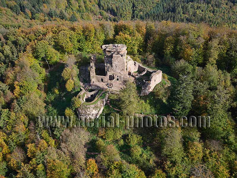 Aerial photo of Hohenbourg Castle, Wingen, Alsace, Grand Est, France. Vue aérienne.