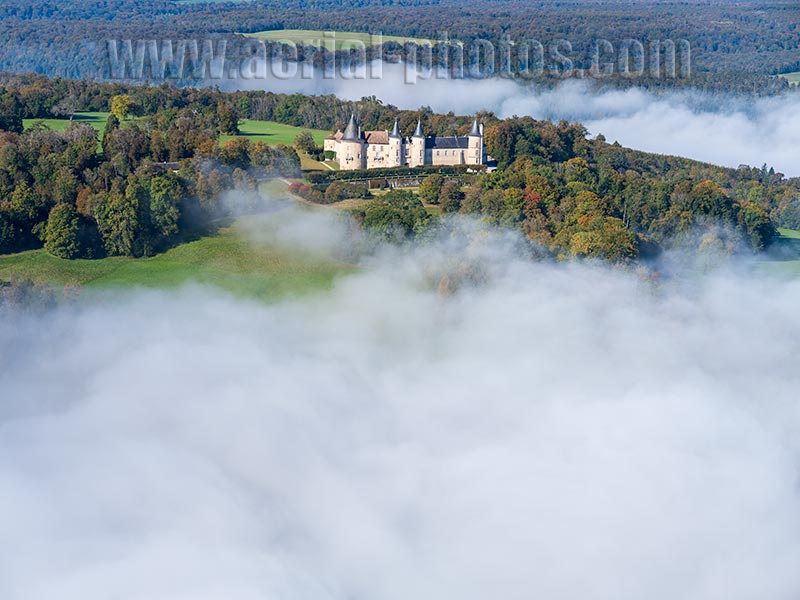 Aerial photo of Bourlemont Castle above the fog. Vosges, Grand Est, France. Vue aérienne.