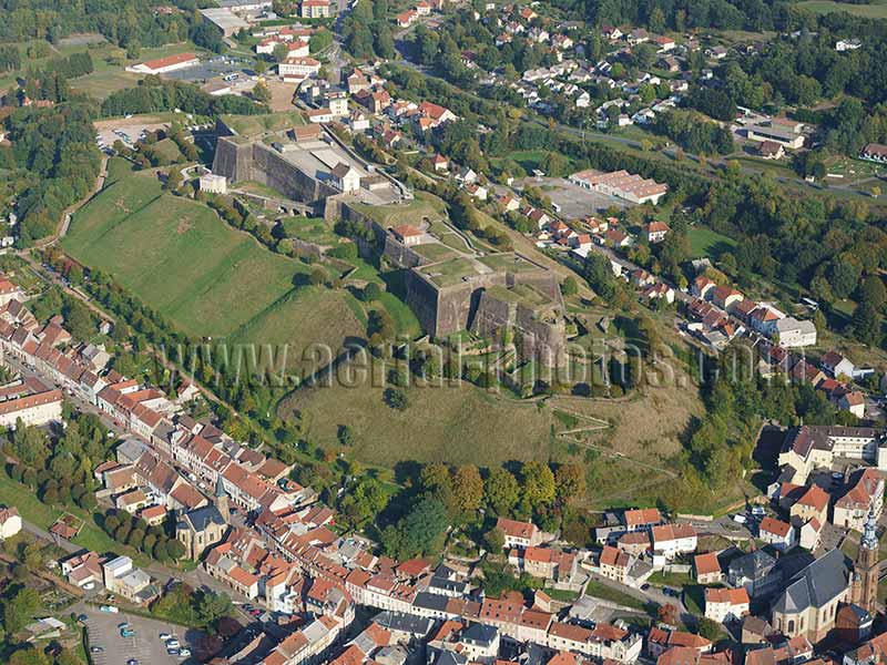 Aerial photo of the citadel of Bitche in Moselle, Lorraine, Grand Est, France. Vue aérienne.