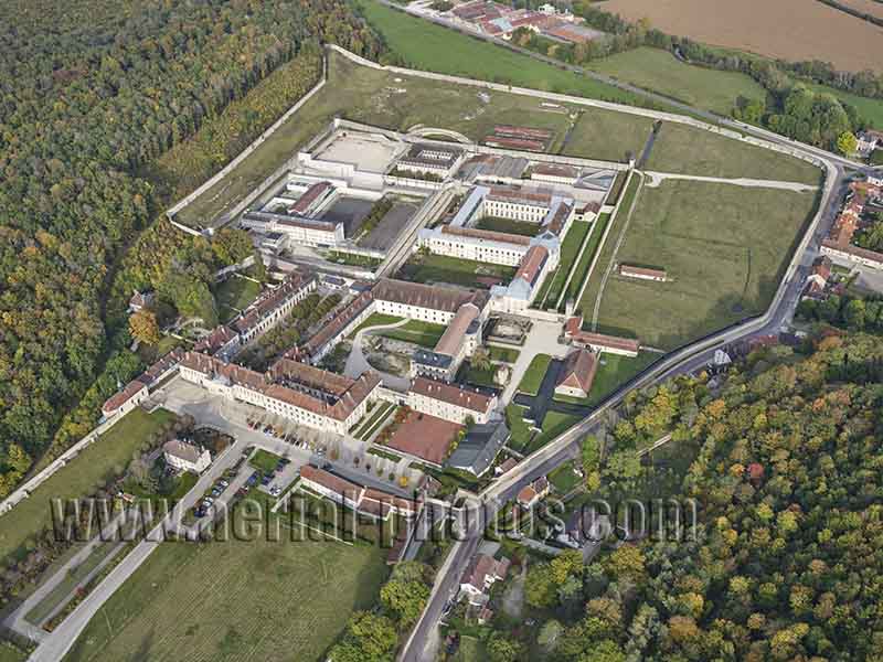 Aerial photo of the Abbey of Clairvaux in Aube, Grand Est, France. Vue aérienne.