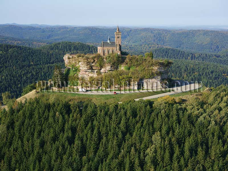 Aerial photo of a chapel in Rocher de Dabo, Moselle, Grand Est, France. Vue aérienne.
