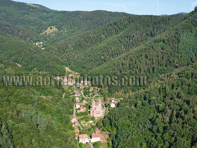 Aerial photo of Murbach Village in Haut-Rhin, Alsace, Grand Est, France. Vue aérienne.