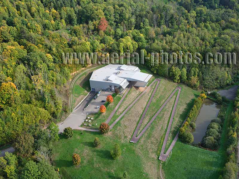 Aerial photo of the Alsace-Moselle Memorial in Schirmeck, Grand Est, France. Vue aérienne.
