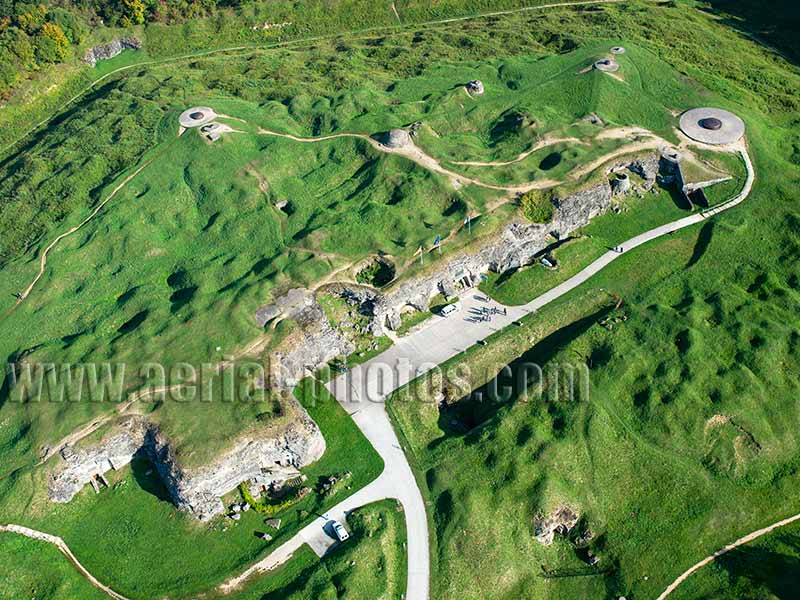 Aerial photo of Fort Douaumont, World War One site in Verdun, Meuse, Lorraine, Grand Est, France. Vue aérienne.