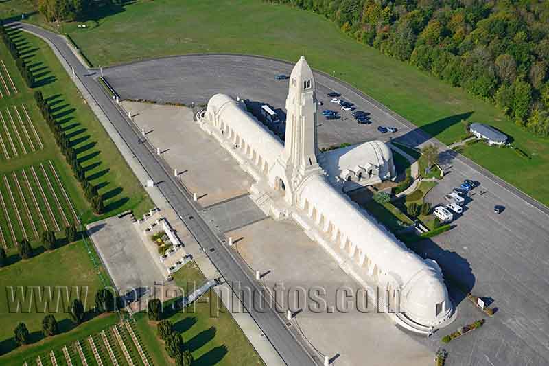 Aerial photo of Douaumont Ossuary, Battle of Verdun, Meuse, Grand Est, France. Vue aérienne.