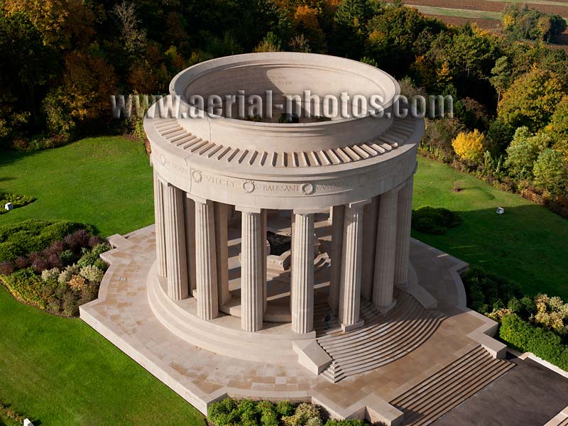 Aerial photo of Montsec American Monument, World War One site, Meuse, Lorraine, Grand Est, France. Vue aérienne.