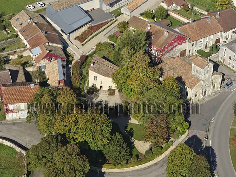 Aerial photo of the birthplace of Joan of Arc in Domrémy-la-Pucelle, Vosges, Grand Est, France. Vue aérienne.