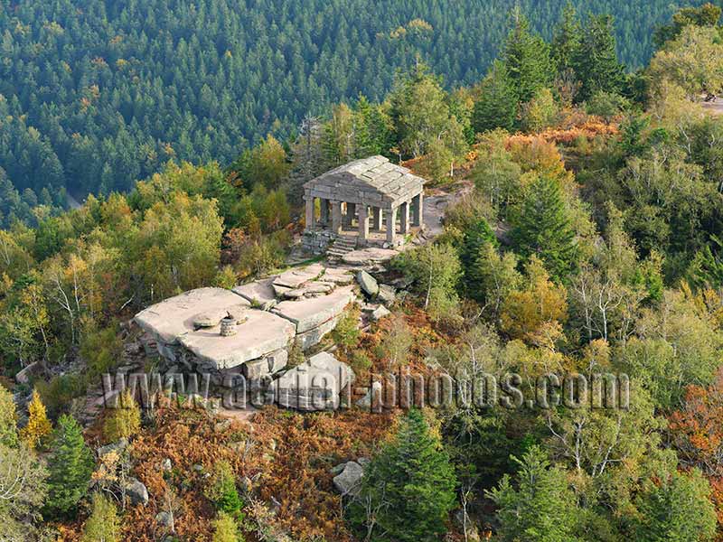 Aerial photo of Donon Temple in Grandfontaine, Alsace, Grand Est, France. Vue aérienne.