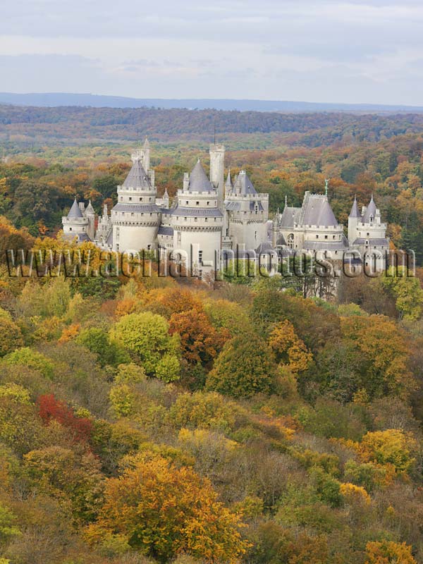 AERIAL VIEW photo of Pierrefonds castle, Oise, Picardy, Hauts-de-France, France. VUE AERIENNE château de Pierrefonds, Picardie.