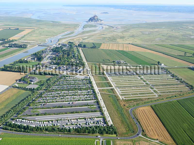 AERIAL VIEW photo of Mont Saint-Michel parking, Normandy, France. VUE AERIENNE abbaye, Normandie.