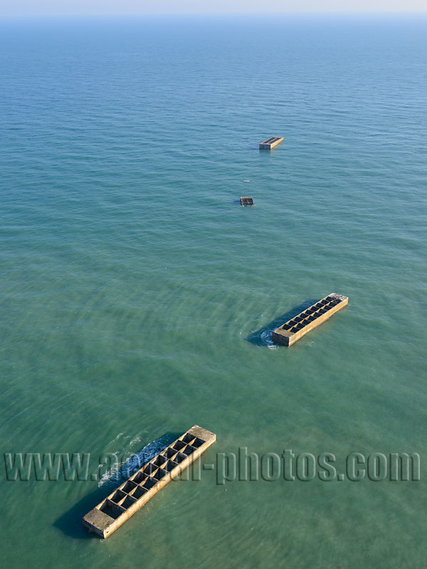 AERIAL VIEW photo of Mulberry Harbour, Arromanches-les-Bains, site of the Normandy Landing, France. VUE AERIENNE site du débarquement.