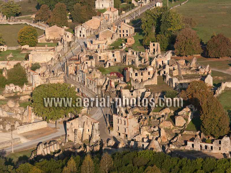 AERIAL VIEW photo of a martyr village, Oradour-sur-Glane, Haute-Vienne, Limousin, Nouvelle-Aquitaine, France. VUE AERIENNE.