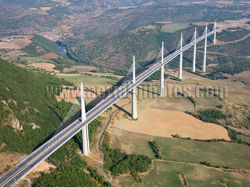 AERIAL VIEW photo of Millau viaduct, Aveyron, Midi-Pyrénées, Occitanie, France. VUE AERIENNE viaduc de Millau.