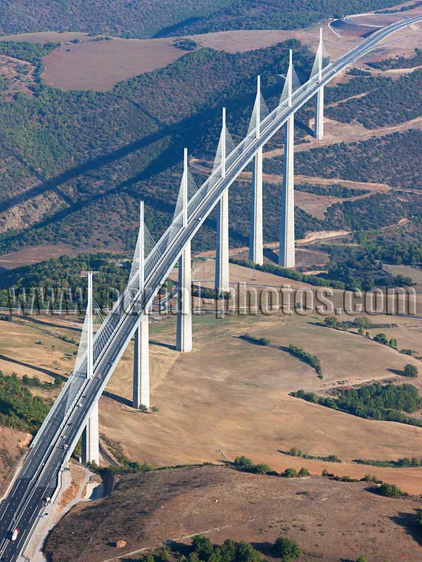 AERIAL VIEW photo of Millau viaduct above the Tarn Valley, Aveyron, Occitanie, France. VUE AERIENNE viaduc de Millau.