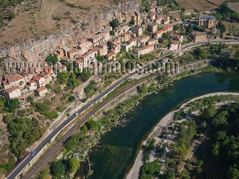 AERIAL VIEW photo of Comprégnac, Aveyron, Midi-Pyrénées, Occitanie, France. VUE AERIENNE village de Peyre.