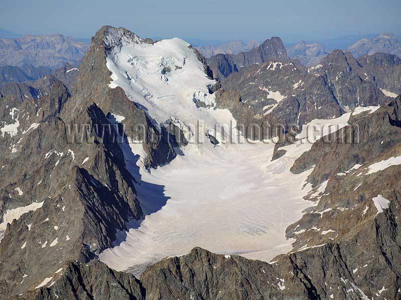 Aerial view of La Barre des Écrins and Glacier Blanc, France. Vue aérienne.