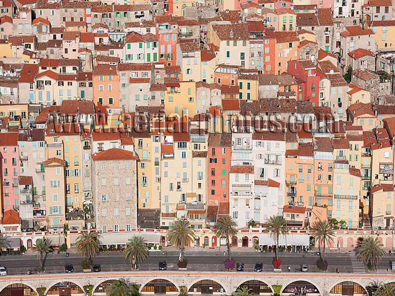 Aerial view, Old Town, Menton, French Riviera, France. VUE AERIENNE Vieille Ville, Côte d'Azur.