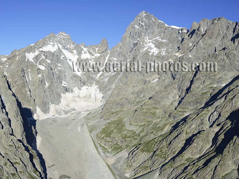 Aerial view of La Barre des Écrins, Écrins National Park, French Alps, France. Vue aérienne.