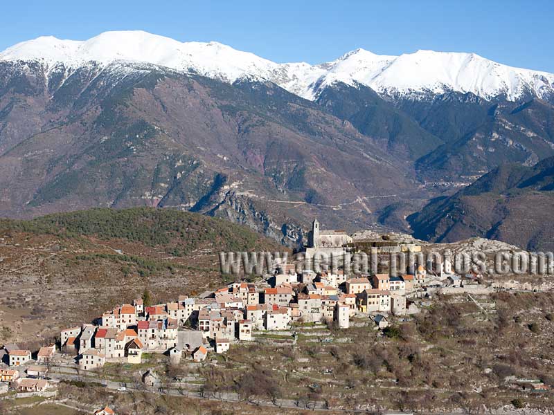 Aerial view, hilltop town, Ilonse, French Alps, France. VUE AERIENNE village médiéval perché, Alpes Françaises.