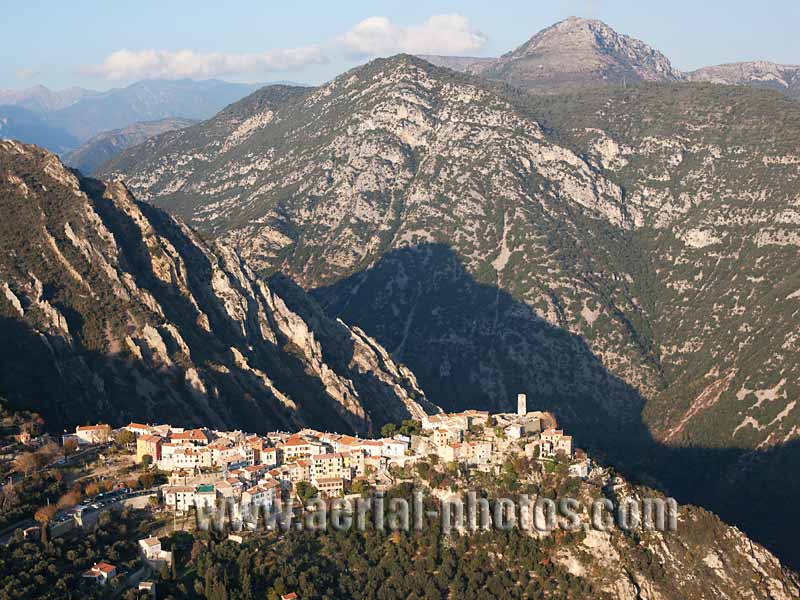 Aerial view, hilltop town, Bonson, French Riviera, France. VUE AERIENNE village médiéval perché, Côte d'Azur.