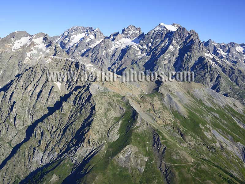 Aerial view of Mont Pelvoux in the Écrins National Park, France. Vue aérienne.