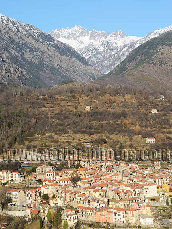 Aerial view, hilltop town, Belvédère, Mercantour National Park, France. VUE AERIENNE village médiéval perché.