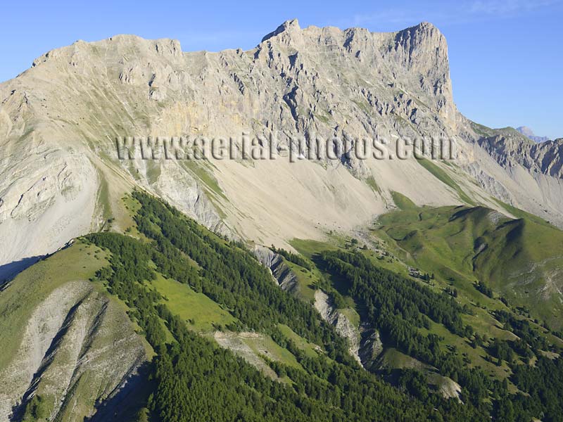 Aerial view of Pic de Bure with its eastern face, Devoluy Massif, France. Vue aérienne.