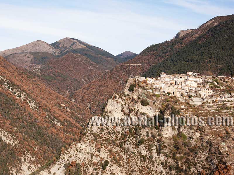 AERIAL VIEW photo of an hilltop town, Thiéry, French Alps, France. VUE AERIENNE village médiéval perché, Alpes Françaises.