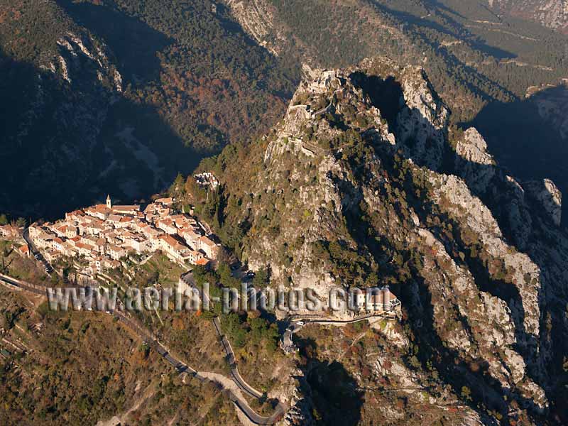AERIAL VIEW photo of an hilltop town, Saint-Agnès, French Riviera, France. VUE AERIENNE village médiéval perché, Côte d'Azur.