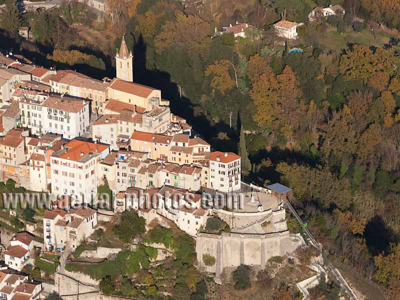 AERIAL VIEW photo of an hilltop town, Contes, French Riviera, France. VUE AERIENNE village perché, Côte d'Azur.