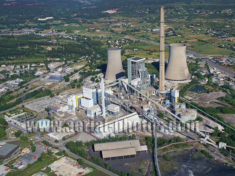 Aerial view of Centrale de Provence, a coal-fired power station in Gardanne, Bouches-du-Rhône, France. Vue aérienne.