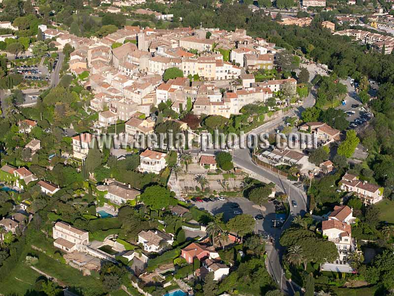 AERIAL VIEW photo of an hilltop town, Mougins, French Riviera, France. VUE AERIENNE village médiéval perché, Côte d'Azur.