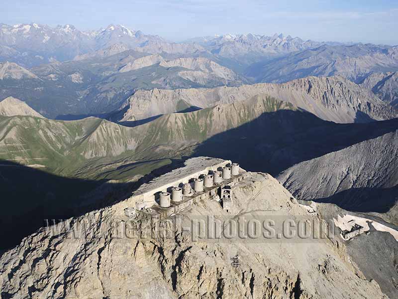 Aerial view of Mont Chaberton near Briançon in the French Alps. Vue aérienne.