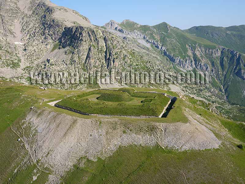 Aerial view of Fort de Giaure, a military fortification in the Mercantour Alps. France. Vue aérienne.