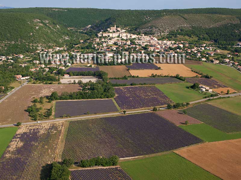 AERIAL VIEW photo of an hilltop town, Banon, Provence, France. VUE AERIENNE village perché.