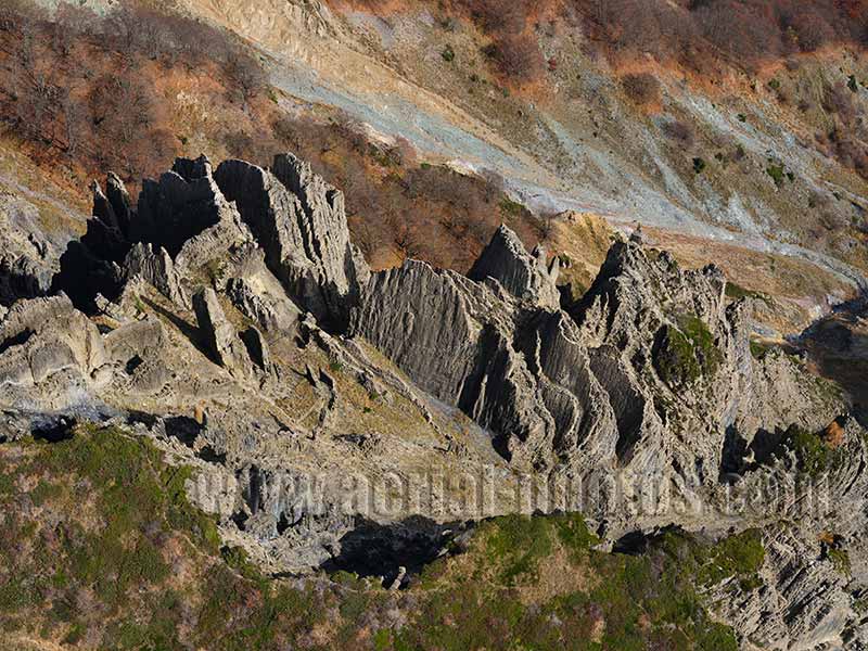 Aerial view of Les Arraches, a geologic curiosity in the Écrins Massif, French Alps. Vue aérienne.