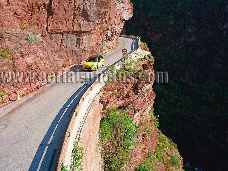 Aerial view, Citroen sports car, Gorges du Cians, French Alps, France. VUE AERIENNE Alpes-Maritimes.
