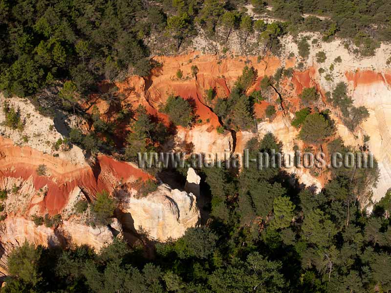 Aerial view of an old quarry in Rustrel in Provence, France. Vue aérienne.