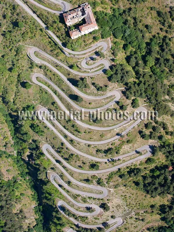 AERIAL VIEW photo of switchbacks, Tende Pass, French Alps, France. VUE AERIENNE route en lacet, Col de Tende, Alpes Françaises.