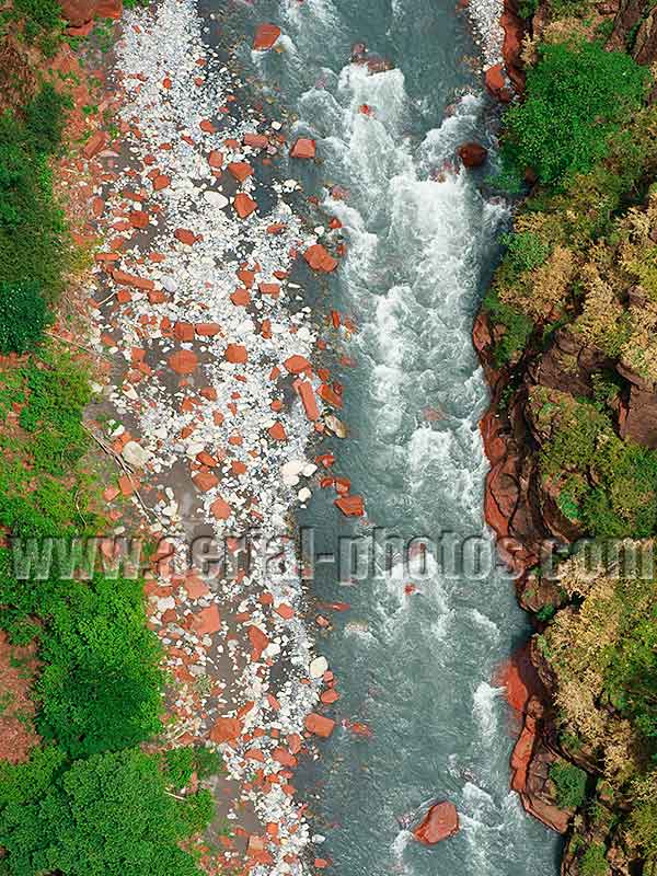 Aerial view of the Var River at the bottom of the Gorges de Daluis in the Alps, France. Vue aérienne.