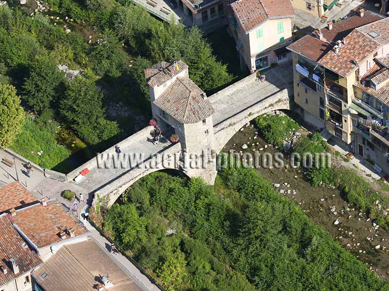 AERIAL VIEW photo of the Old Toll Bridge of Sospel, Alpes-Maritimes, France. VUE AERIENNE Vieux Pont à Péages, Côte d'Azur, France.