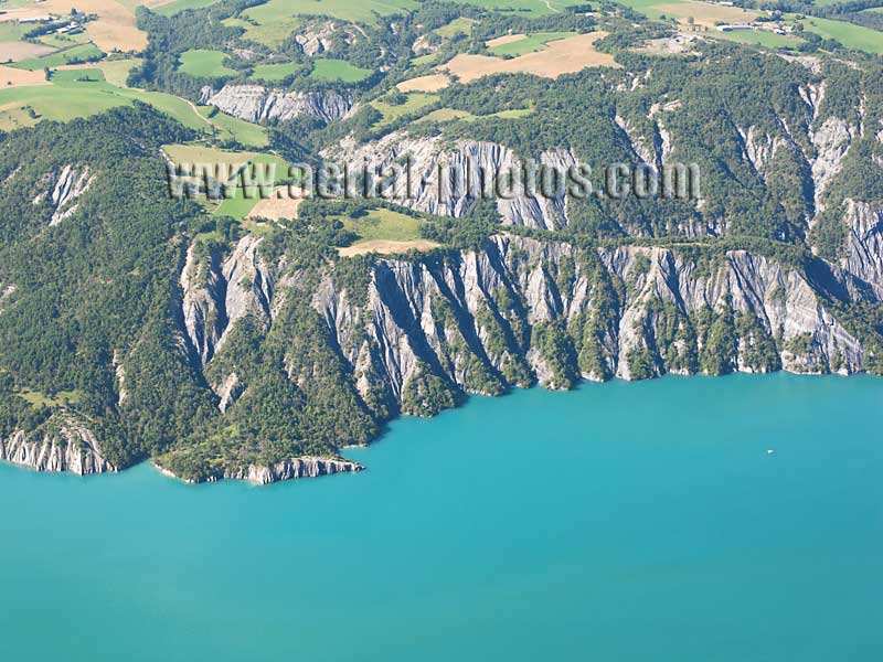 Aerial view of Lake Serre-Ponçon in the Alps, France. Vue aérienne.