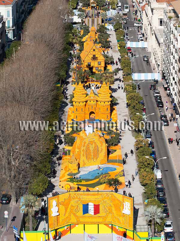 AERIAL VIEW photo of the Lemon Festival of Menton, French Riviera, France. VUE AERIENNE Fête du Citron au jardin Biovès, Côte d'Azur, Alpes-Maritimes.