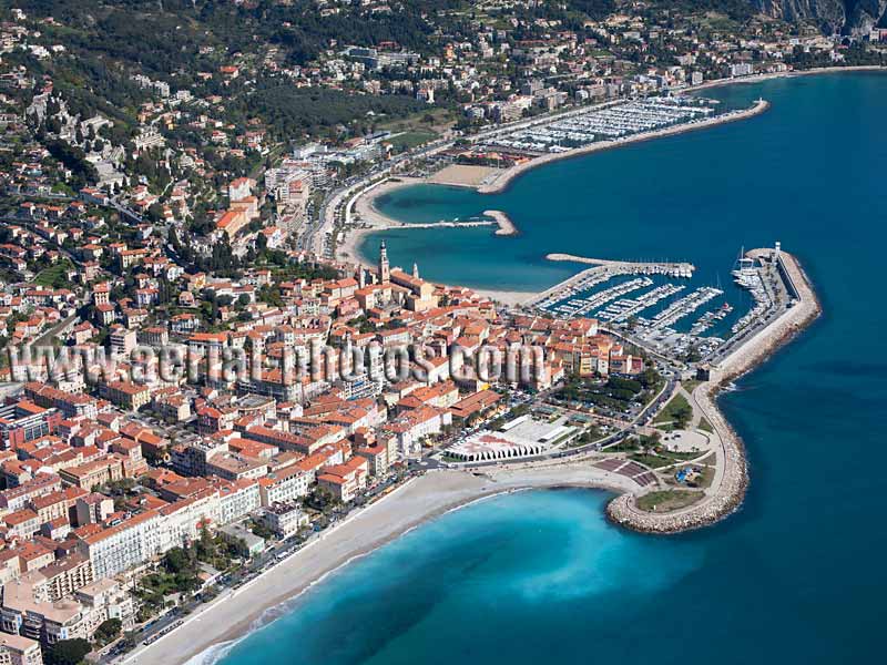 Aerial view of the marina of Menton on the French Riviera. Vue aérienne.