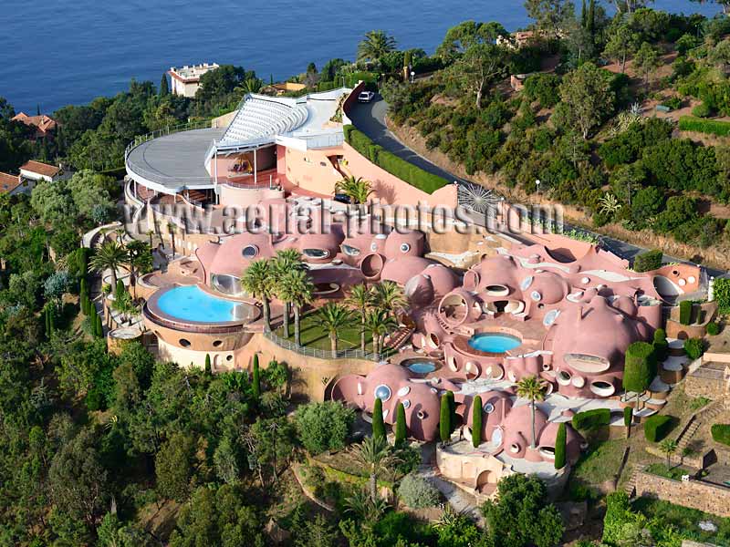 AERIAL VIEW photo of Palais Bulles, Pierre Cardin, Théoule-sur-Mer, French Riviera, France. VUE AERIENNE Côte d'Azur, Alpes-Maritimes.