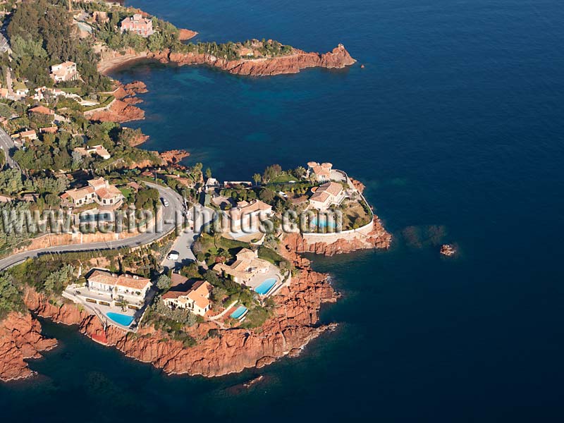 Aerial view of the picturesque Estérel Massif on the French Riviera. Vue aérienne, Côte d'Azur.