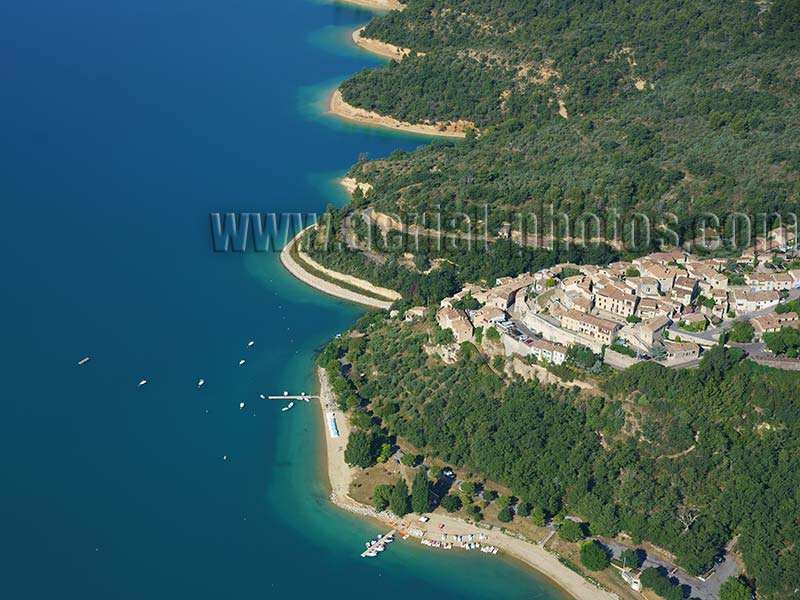 Aerial view of Lake Sainte-Croix on the Verdon Valley in the French Alps. Vue aérienne.