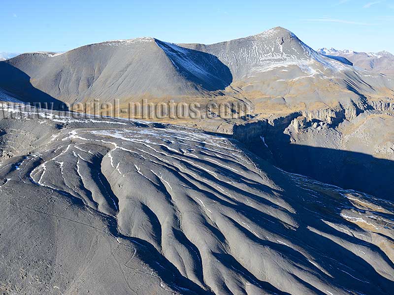 AERIAL VIEW photo of Mont Mounier, above treeline landscape, Beuil, Mercantour National Park, French Alps, France. VUE AERIENNE Alpes Françaises.