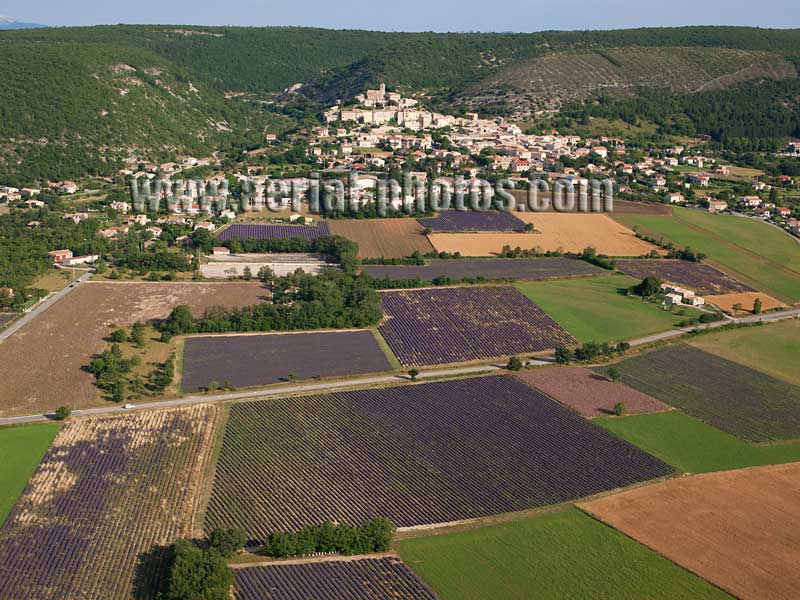Aerial photo of Banon, a hilltop village overlooking the lavender fields in Provence, France. Vue aérienne.