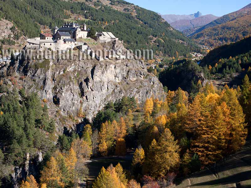 AERIAL VIEW photo of Château Queyras, French Alps, France. VUE AERIENNE Alpes Françaises.